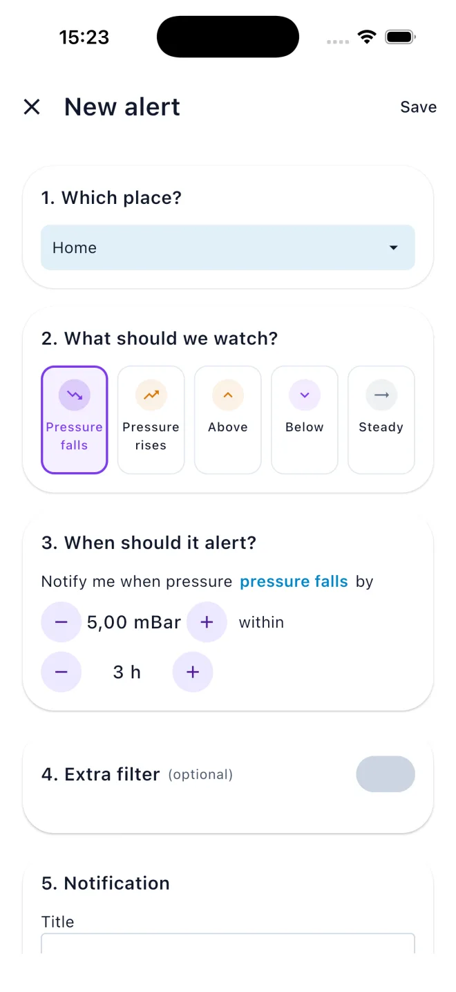 Custom alert editor with place, watched condition, threshold and time window