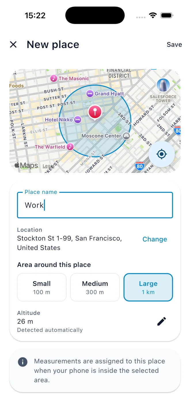 New place screen with a map, coverage circle, place name, radius presets and altitude